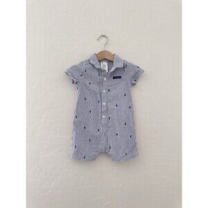 Nautica Baby Romper 6/9 Months Blue White Striped Sailboat Print 100% Cotton